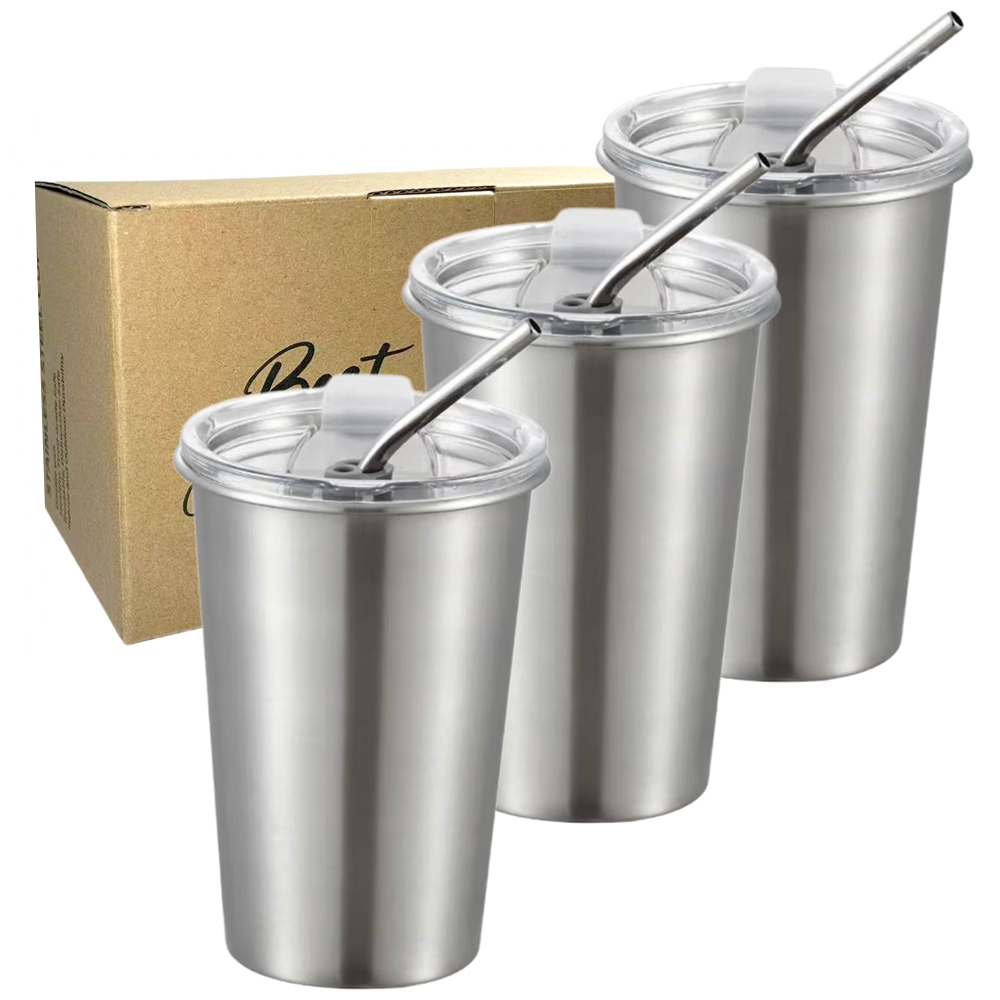 Training Cup Straw - 3er-Pack Pint-Becher aus Edelstahl mit Strohhalmdeckel