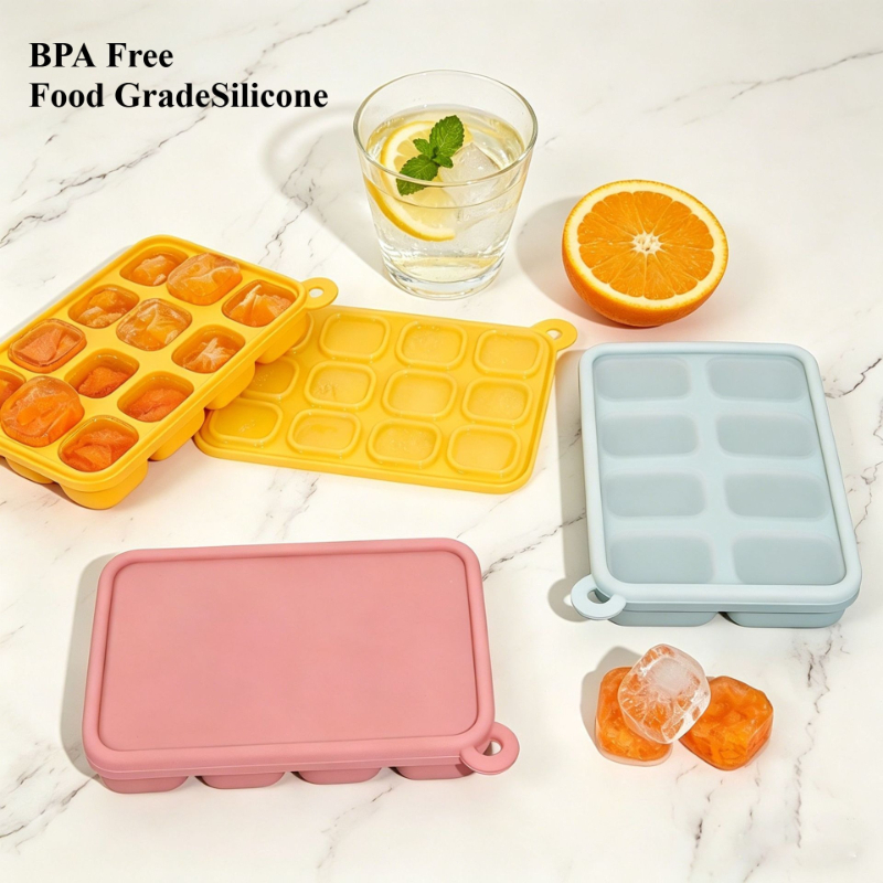Baby Food Tray - Platin-Silikon Baby-Nahrungsmittel-Gefrierform mit Deckel, 8/12 Fächer,