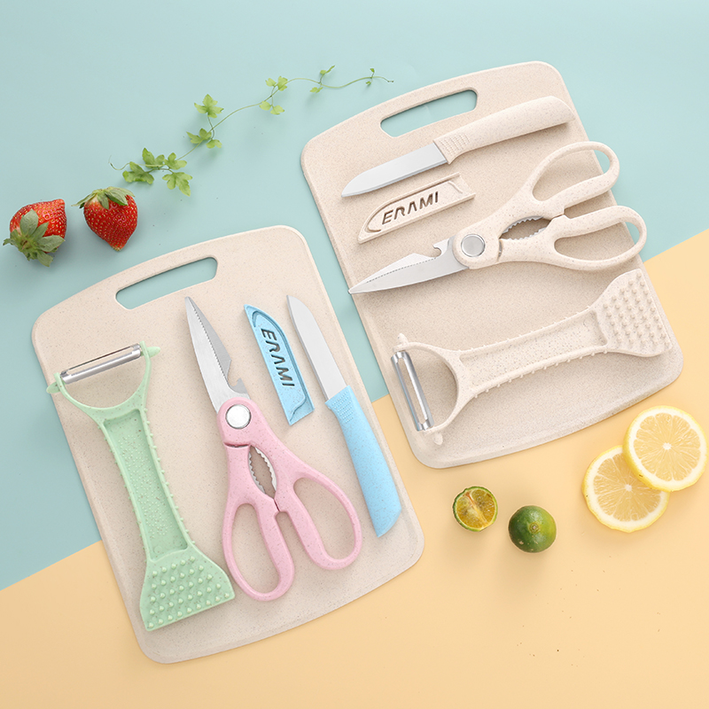 Baby Food Knife Set - Weizenstroh-Schneidebrett-Set (vier Teile), Obstmesser-Set, Obstschneidebrett, Küchenmesser