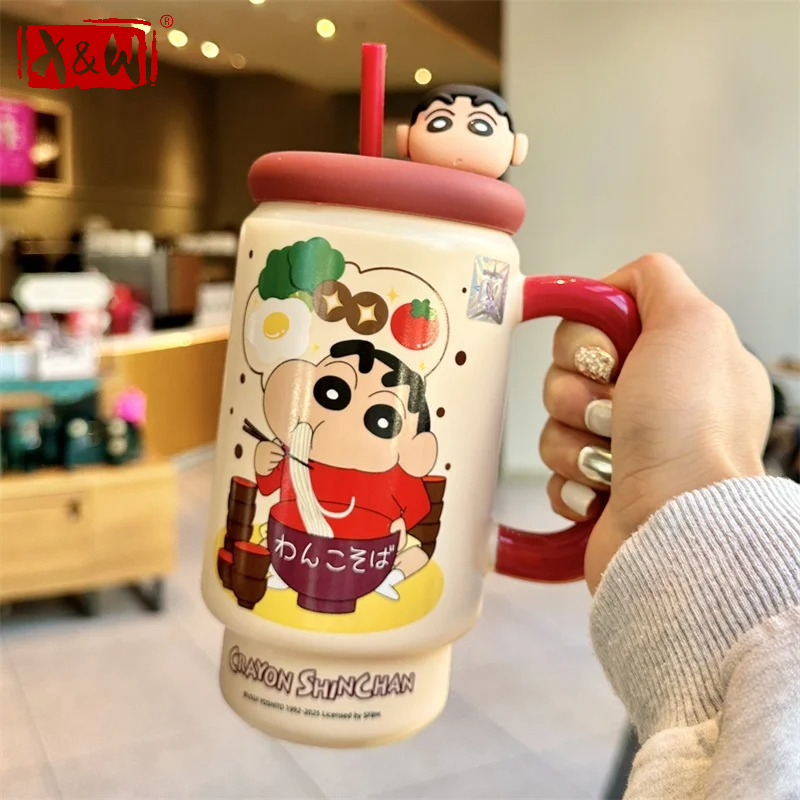 Training Cup Straw - X&W Crayon Shin-Chan Keramik-Wasserbecher 600ml Cartoon-Strohhalmbecher